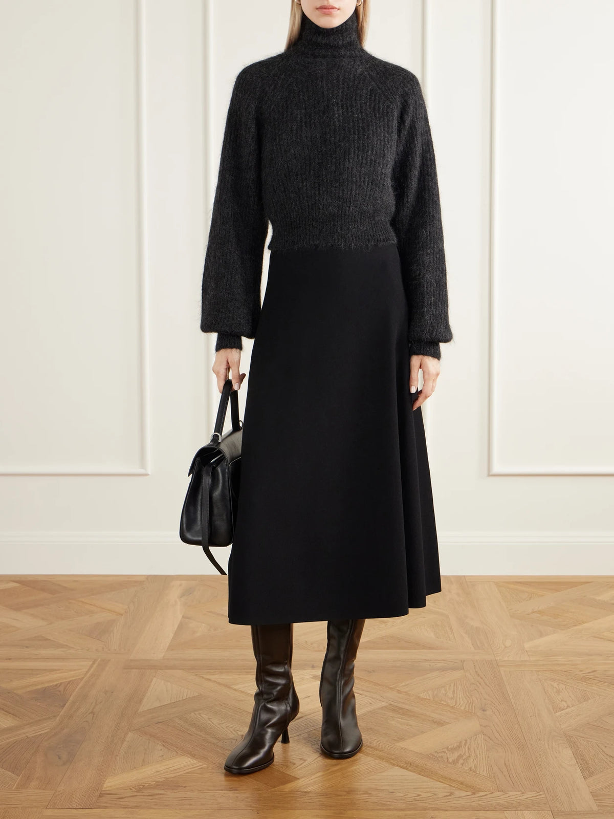 Image of a model wearing Outerwear. Product name - Adorno Open-back Cropped Ribbed Mohair-blend Turtleneck Sweater in Dark gray colour by brand - Max Mara