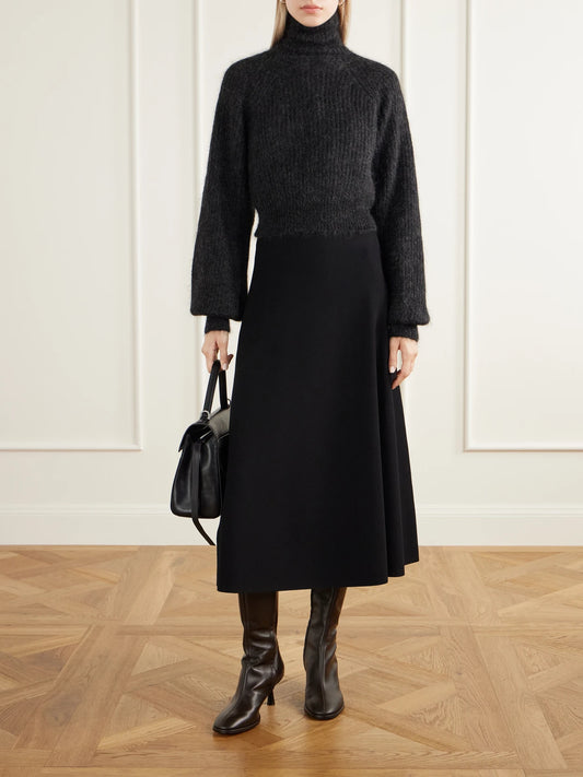 Image of a model wearing Outerwear. Product name - Adorno Open-back Cropped Ribbed Mohair-blend Turtleneck Sweater in Dark gray colour by brand - Max Mara