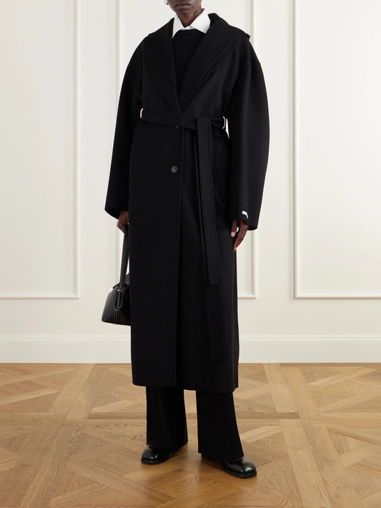 Image of Coats & Jackets. Product name - Olmo Hooded Belted Wool-felt Coat in Black colour by brand - Sportmax