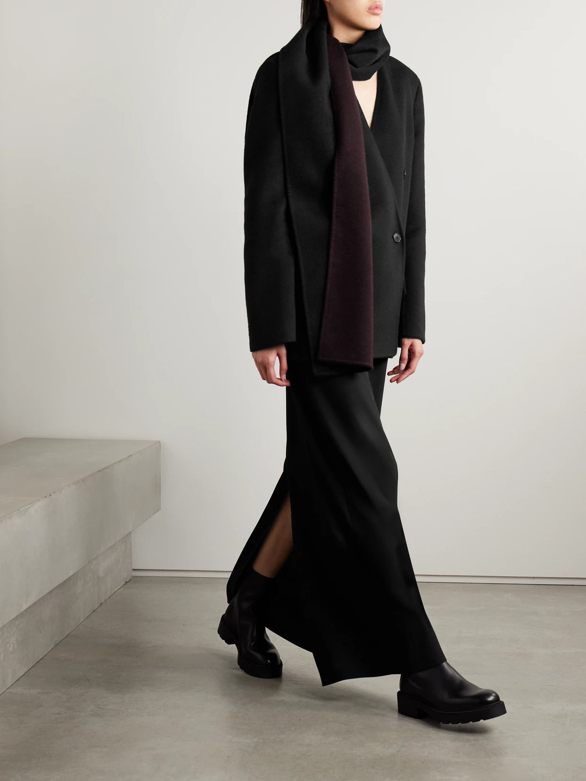 Image of Coats & Jackets. Product name - Calitra Scarf-detailed Double-breasted Cashmere Blazer in Black colour by brand - The Row