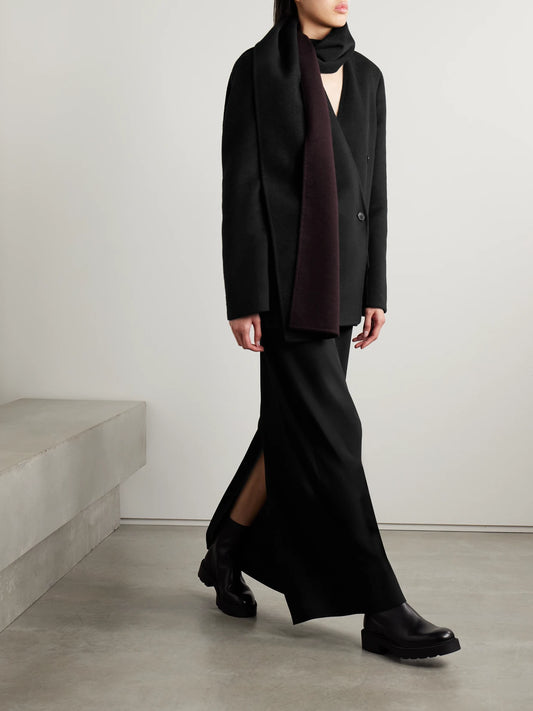 Image of Coats & Jackets. Product name - Calitra Scarf-detailed Double-breasted Cashmere Blazer in Black colour by brand - The Row