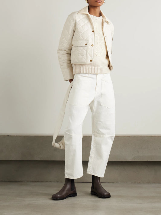 Image of Coats & Jackets. Product name - Chitre Cropped Cotton-canvas Trimmed Padded Quilted Shell Jacket in Off-white colour by brand - Moncler