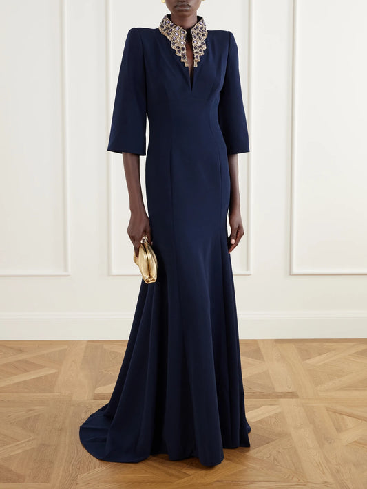 Image of Dresses. Product name - Nyota Crystal-embellished Crepe Gown in Navy colour by brand - Jenny Packham