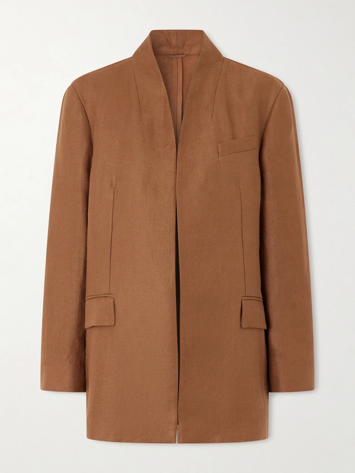 Image of a model wearing Outerwear. Product name - Linen-twill Blazer in Brown colour by brand - Brunello Cucinelli