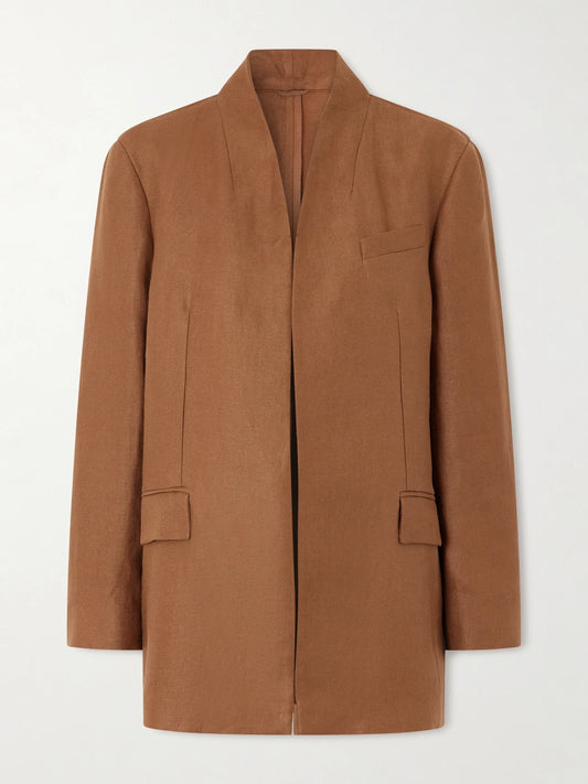 Image of a model wearing Outerwear. Product name - Linen-twill Blazer in Brown colour by brand - Brunello Cucinelli