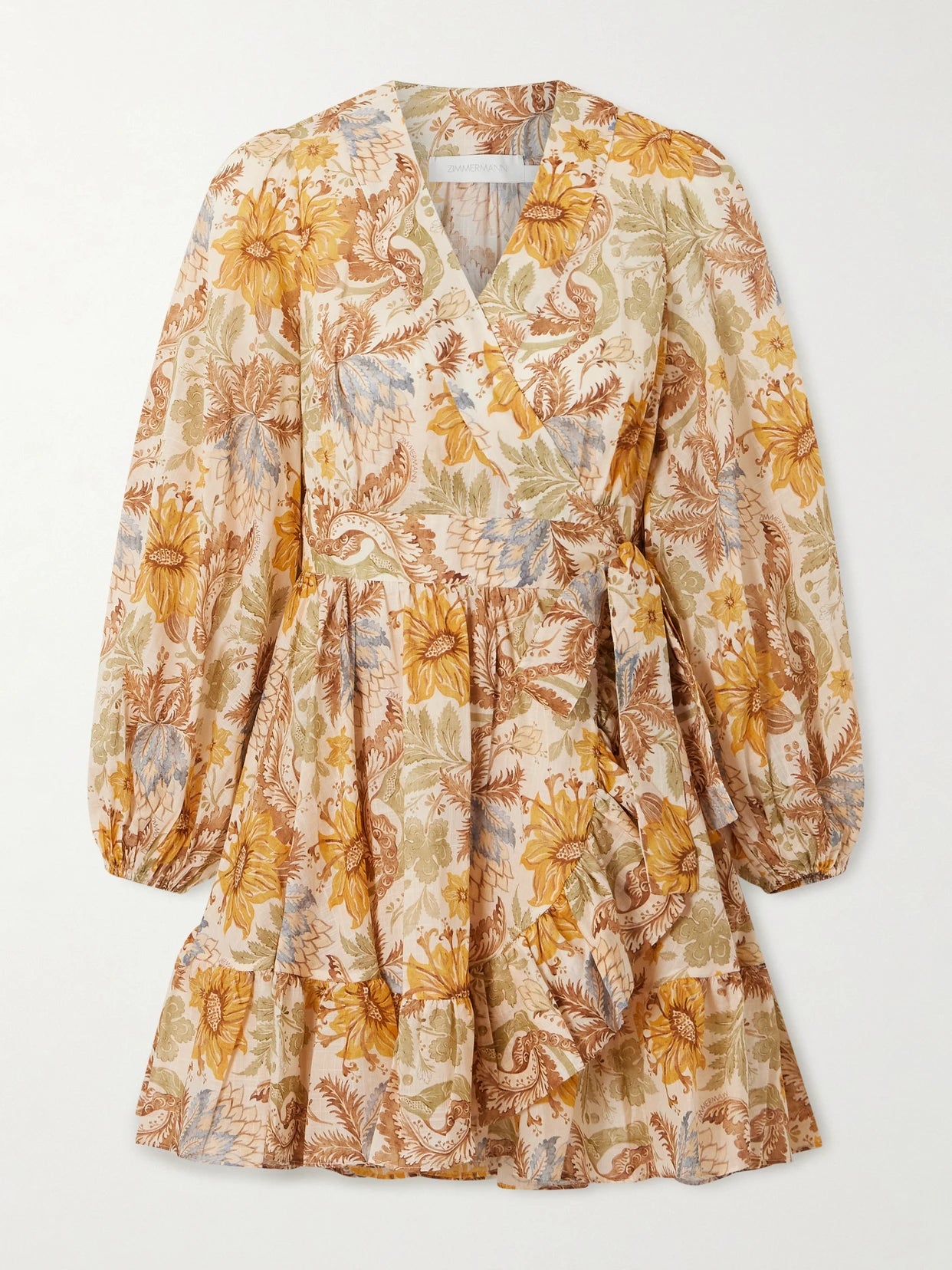 Image of Dresses. Product name - Daylight Ruffled Floral-print Cotton-voile Mini Wrap Dress in Yellow colour by brand - Zimmermann