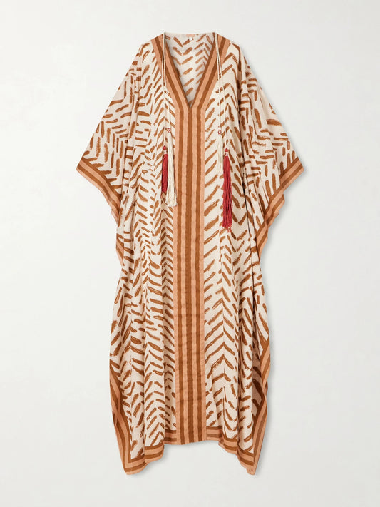 Image of Dresses. Product name - The Secret Of The Sun Printed Cotton Kaftan in Brown colour by brand - Johanna Ortiz