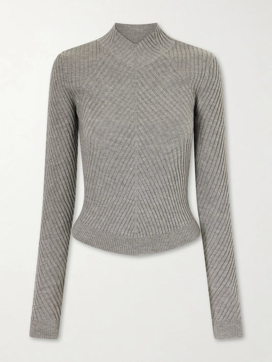 Image of a model wearing Outerwear. Product name - Georgia Ribbed Merino Wool Sweater in Gray colour by brand - Victoria Beckham