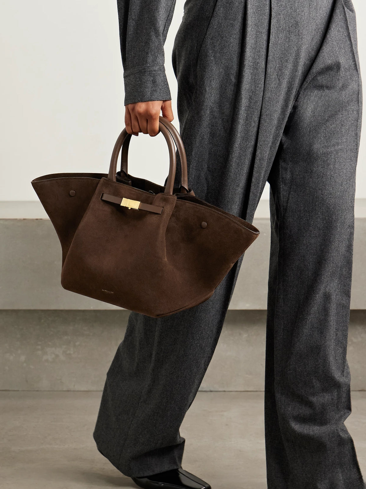 Image of Bags. Product name - New York Midi Suede Tote in Brown colour by brand - DeMellier