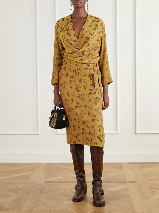 Image of Dresses. Product name - Floral-jacquard Satin Midi Dress in Yellow, Bronze, Green colour by brand - Dries Van Noten