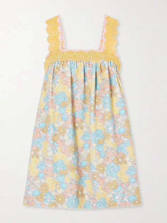 Image of Dresses. Product name - Pleated Lace-trimmed Floral-print Cotton-terry Mini Dress in Multi colour by brand - Chloé