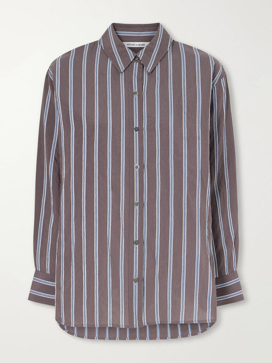 Image of a model wearing Tops. Product name - Lloyd Striped Woven Shirt in Dark brown colour by brand - Veronica Beard