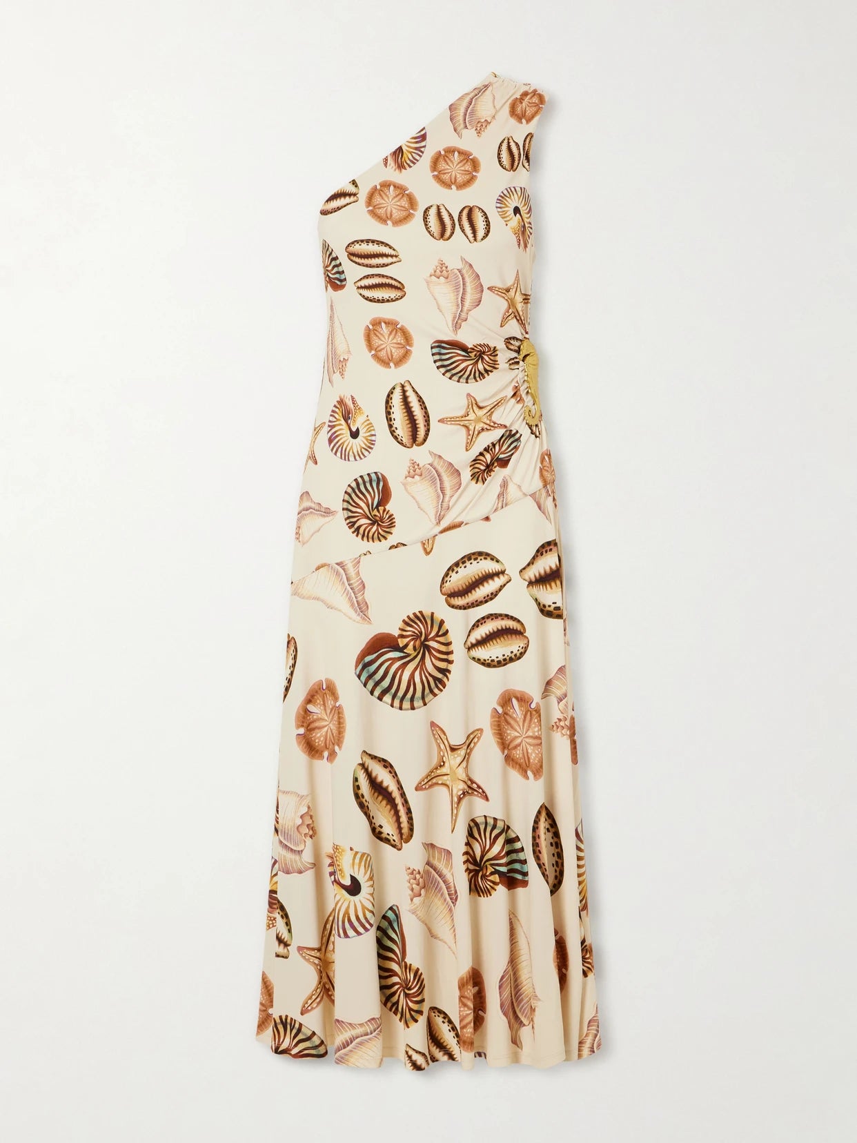Embellished Gathered One-shoulder Printed Woven Midi Dress