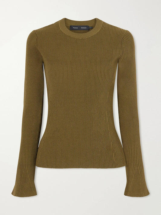 Image of a model wearing Outerwear. Product name - Nir Ribbed-knit Top in Leaf green colour by brand - Proenza Schouler