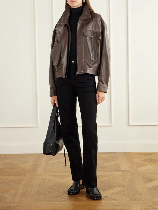 Image of Coats & Jackets. Product name - Quincy Cropped Paneled Leather Bomber Jacket in Brown colour by brand - Nour Hammour