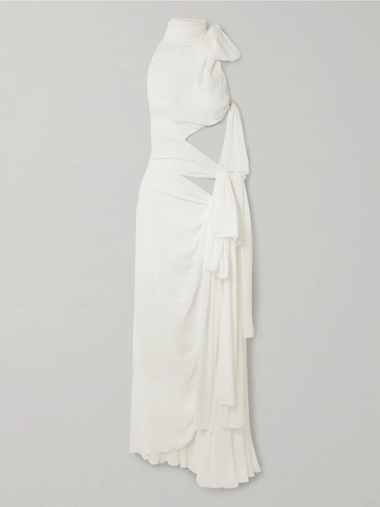 Image of Dresses. Product name - Asymmetric Tie-detailed Cutout Crepe De Chine Gown in White colour by brand - Alaïa