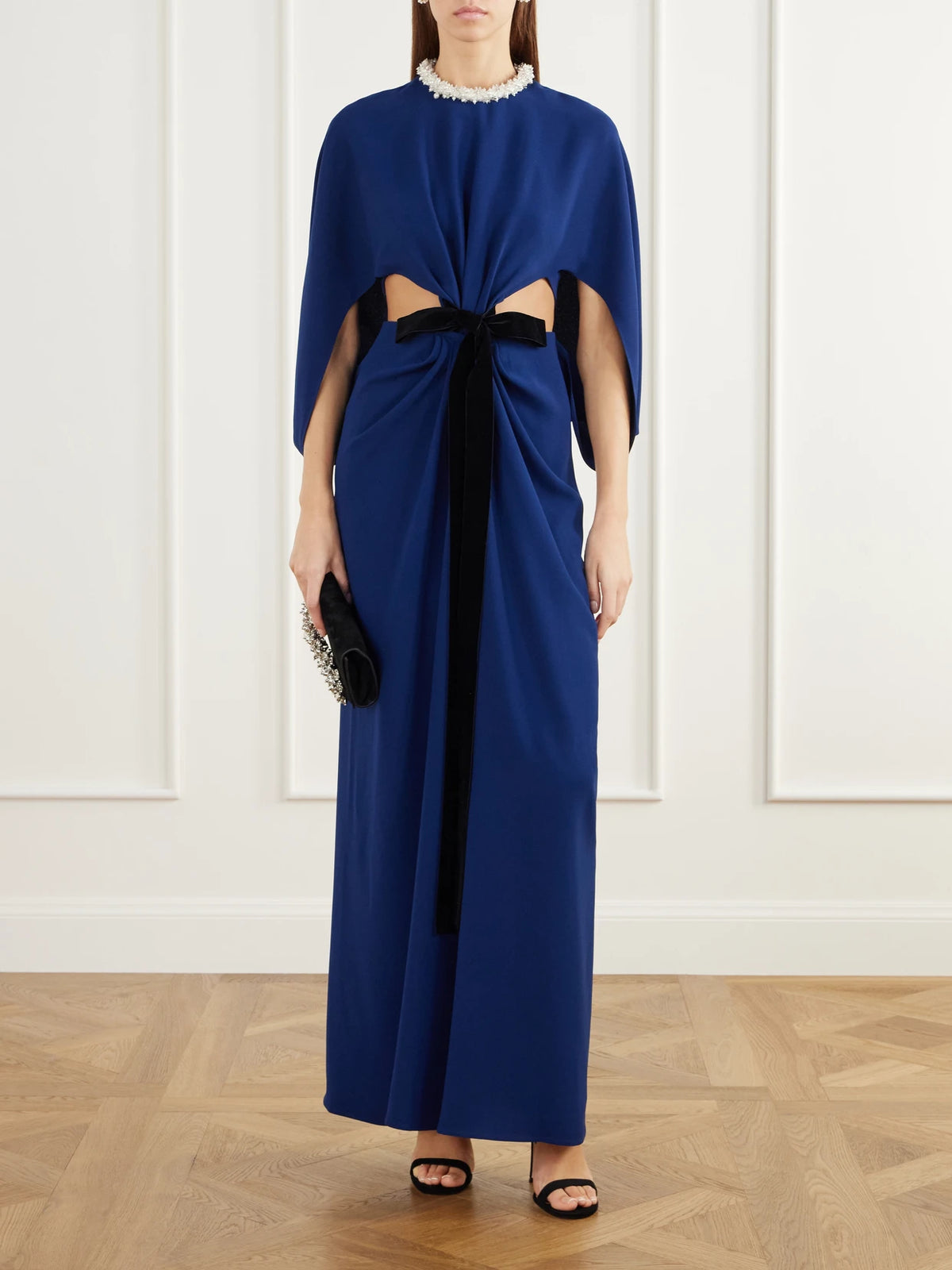 Image of Dresses. Product name - Annette Cape-effect Bead-embellished Gathered Velvet-trimmed Crepe Gown in Midnight blue colour by brand - SIMKHAI