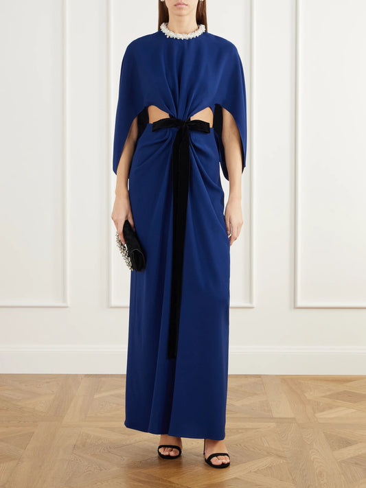 Image of Dresses. Product name - Annette Cape-effect Bead-embellished Gathered Velvet-trimmed Crepe Gown in Midnight blue colour by brand - SIMKHAI