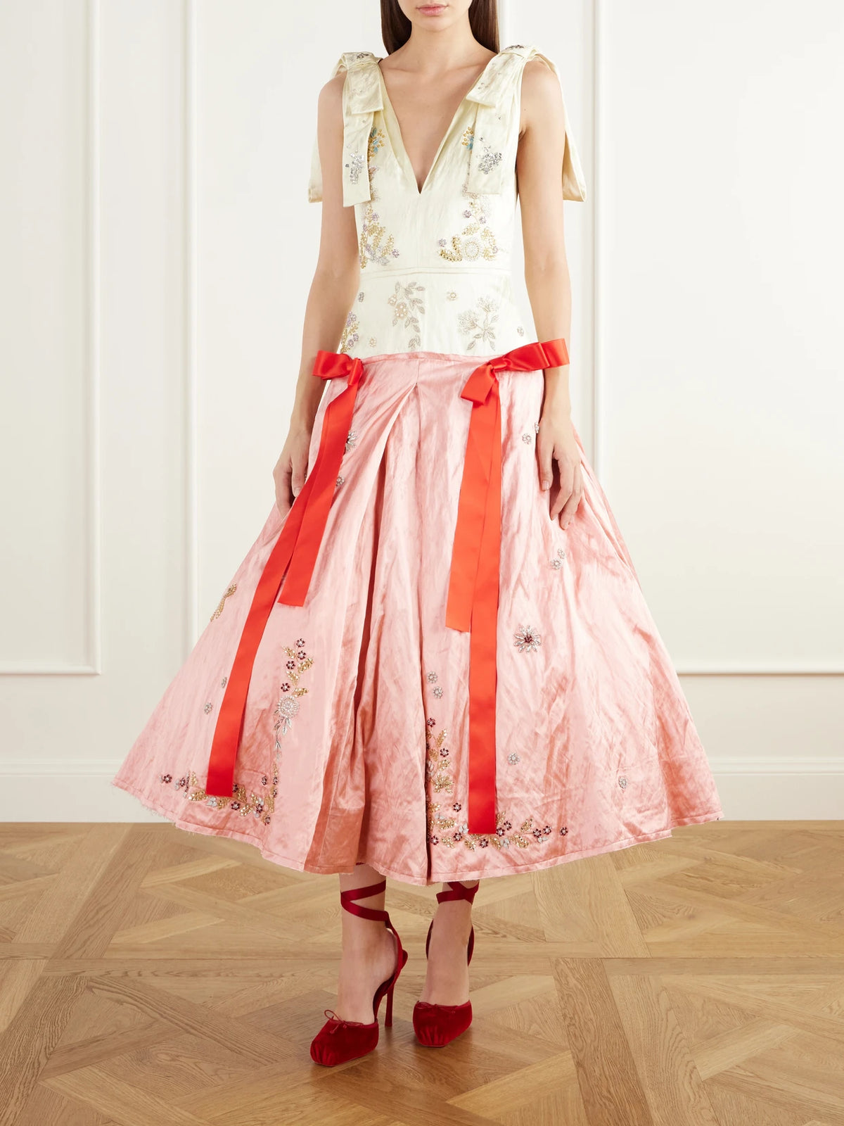 Image of Dresses. Product name - Bow-detailed Crystal-embellished Crinkled-satin Midi Gown in Multi colour by brand - Erdem