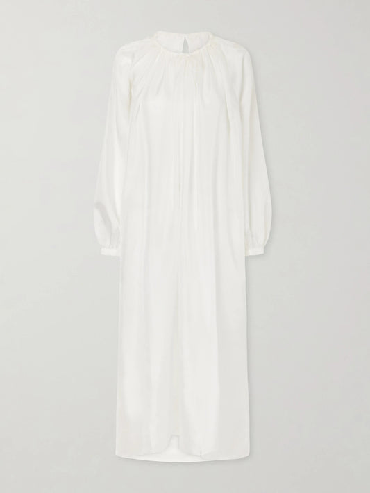 Image of Dresses. Product name - Robe La Perle Gathered Silk-organza Maxi Dress in White colour by brand - Les Vacances D'Irina