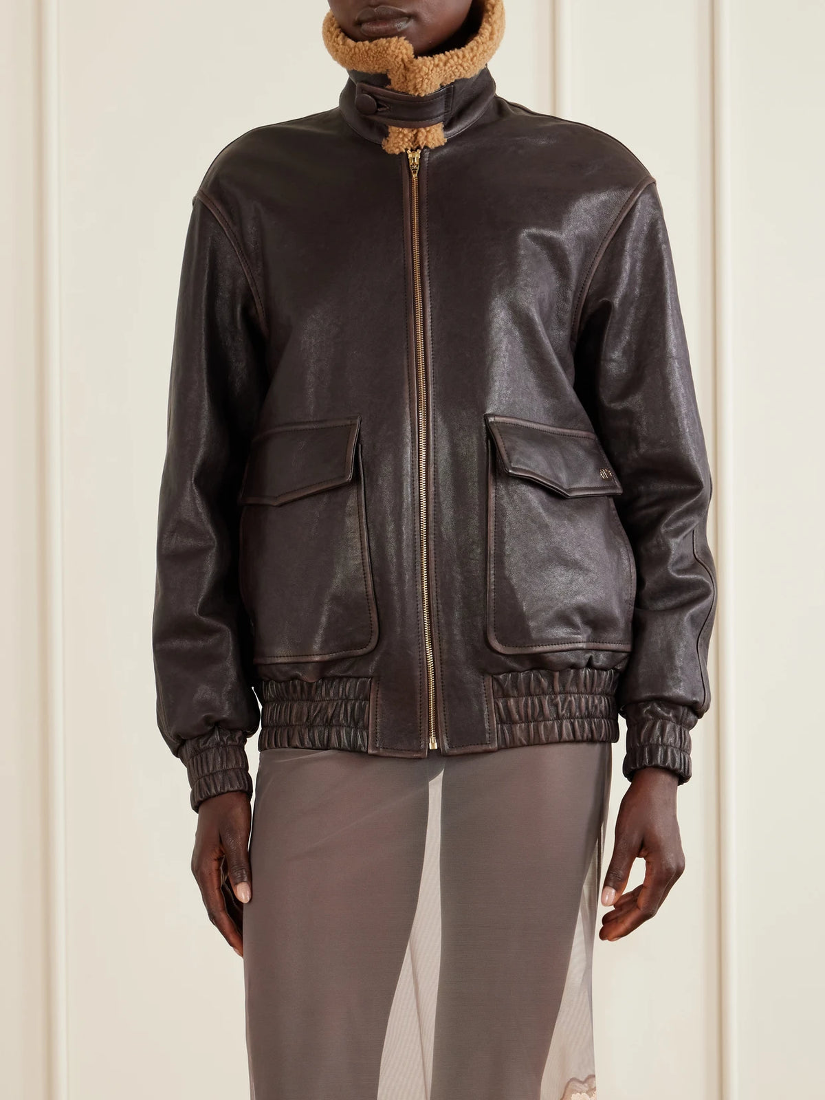 Shearling-trimmed Leather Biker Jacket