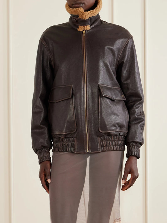 Shearling-trimmed Leather Biker Jacket