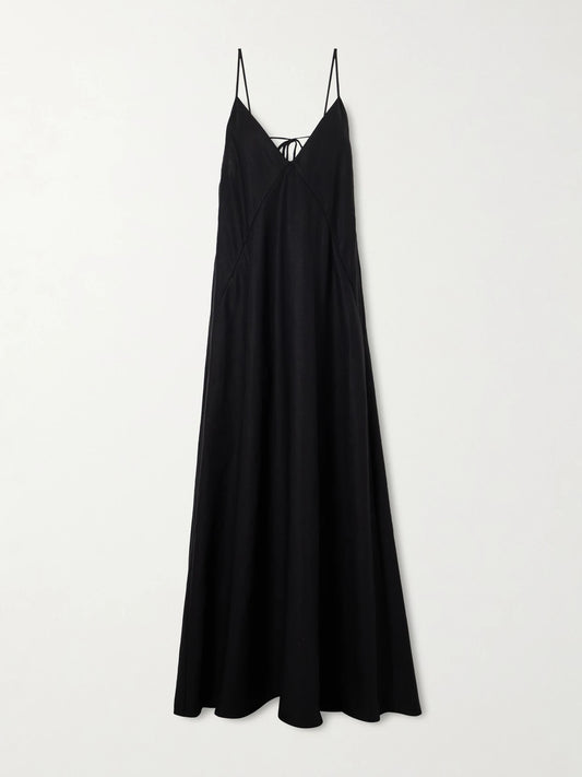 Image of Dresses. Product name - Knotted Paneled Linen Maxi Dress in Black colour by brand - Another Tomorrow