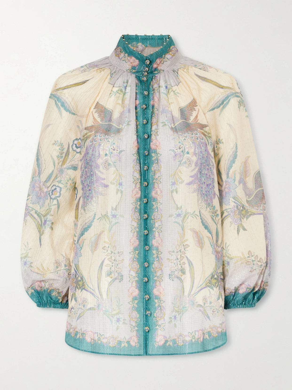 Image of Blouses. Product name - Indra Billow Metallic Cotton And Silk-blend Blouse in Multi colour by brand - Zimmermann