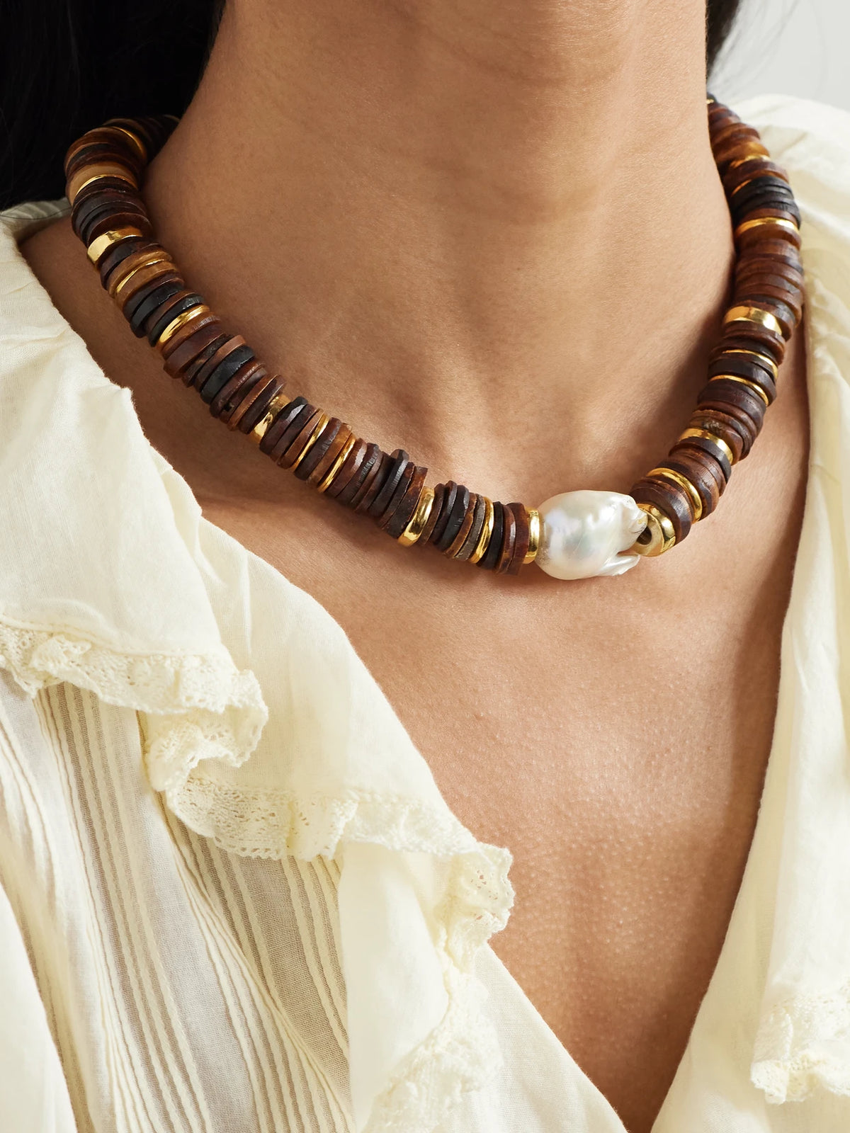 Image of Necklaces. Product name - Bilbao Gold-plated, Bone And Pearl Necklace in Brown colour by brand - Lizzie Fortunato