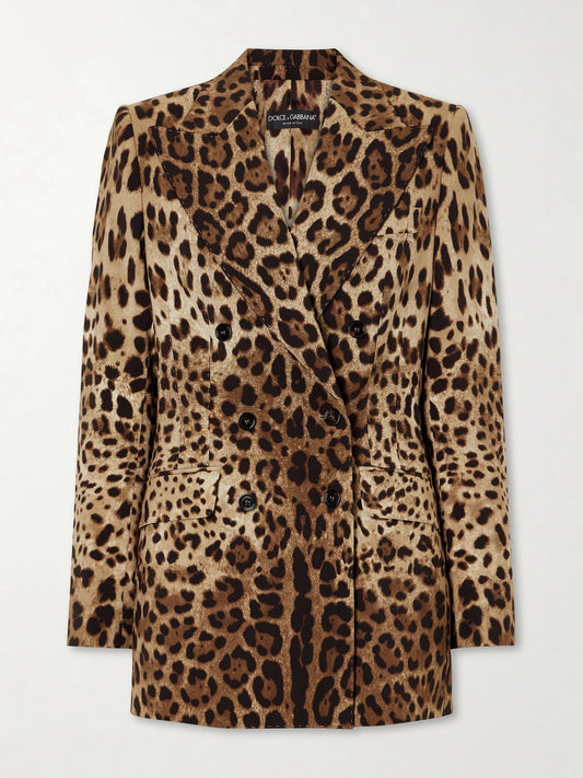 Image of a model wearing Outerwear. Product name - Leopard-print Wool Blazer in Leopard print colour by brand - Dolce & Gabbana
