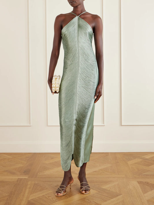 Image of Dresses. Product name - Renata Fringed Satin-trimmed Mesh Gown in Mint colour by brand - Cult Gaia