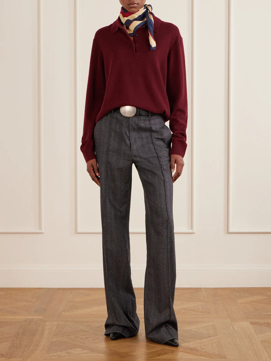 Image of a model wearing Pants. Product name - Etoile Pleated Checked Wool And Cashmere-blend Felt Straight-leg Pants in Gray colour by brand - Nili Lotan