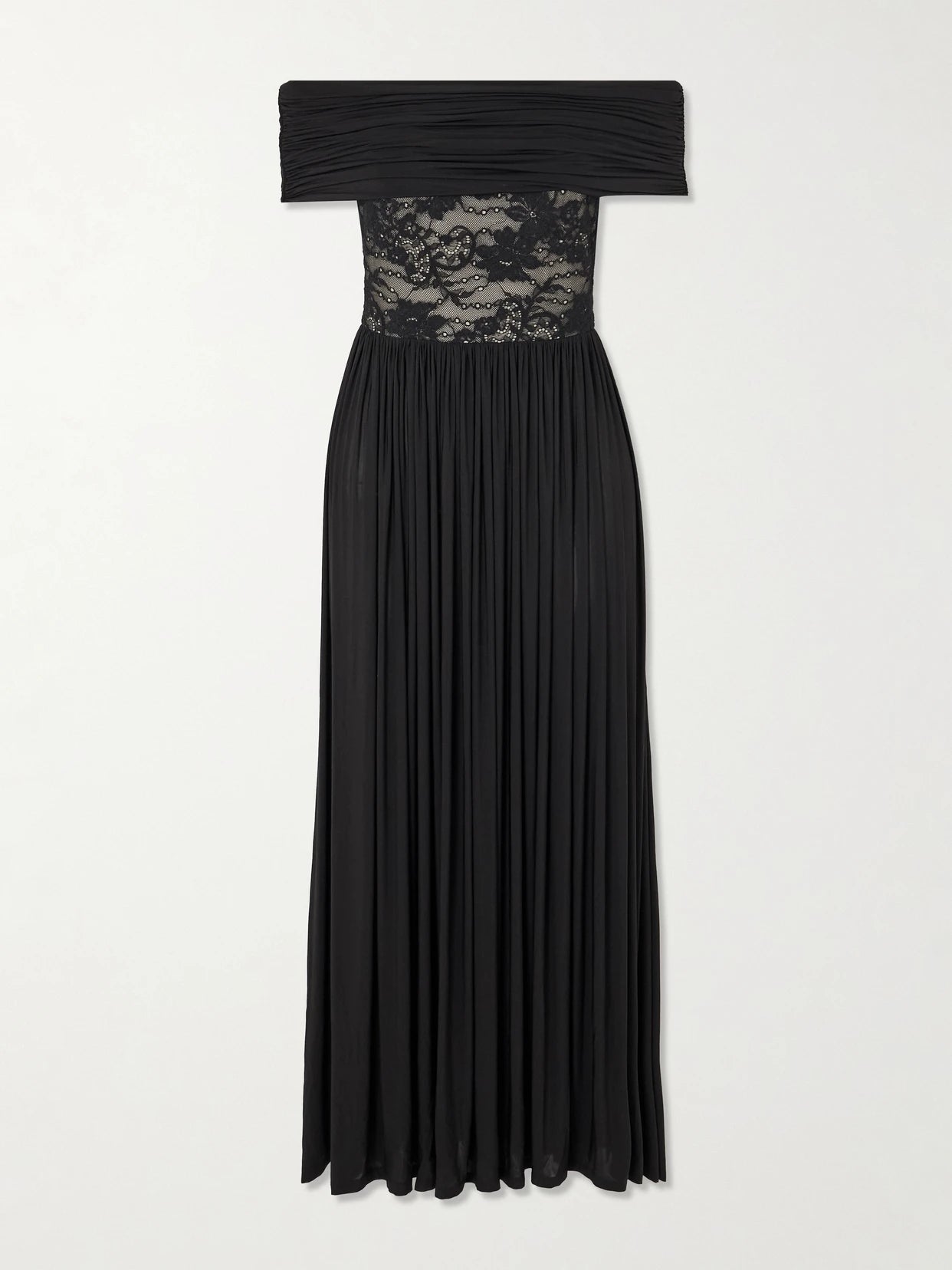 Image of Dresses. Product name - Off-the-shoulder Lace-trimmed Gathered Stretch-jersey Maxi Dress in Black colour by brand - Zimmermann