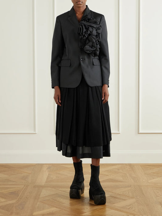 Image of a model wearing Skirts. Product name - Layered Gathered Georgette And Organza Midi Skirt in Black colour by brand - Comme des Garçons