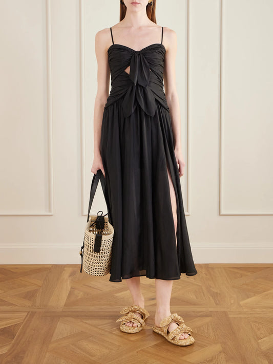 Image of Dresses. Product name - Aster Cutout Gathered Silk-chiffon Midi Dress in Black colour by brand - Zimmermann