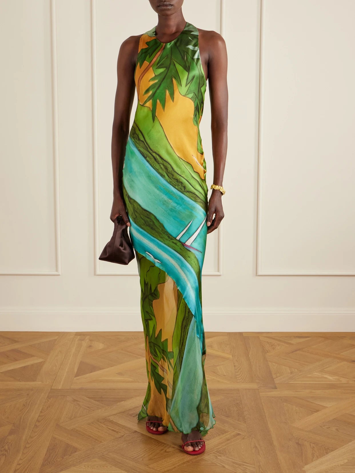 Image of Dresses. Product name - Magdalena Printed Silk-blend Satin Maxi Dress in Multi colour by brand - Donde Esteban