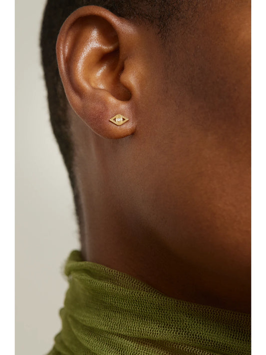 Image of Earrings. Product name - Fluted Evil Eye 14-karat Gold Diamond Earrings in Multi colour by brand - Sydney Evan