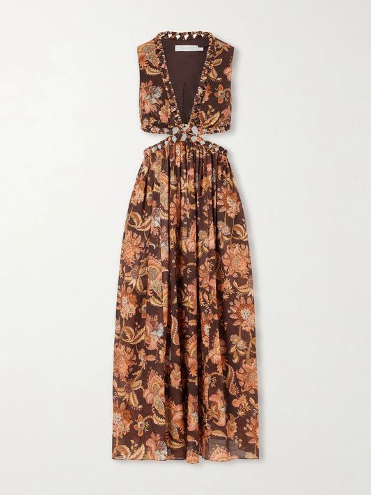 Image of Dresses. Product name - Aster Cut-out Printed Cotton Midi Dress in Brown colour by brand - Zimmermann