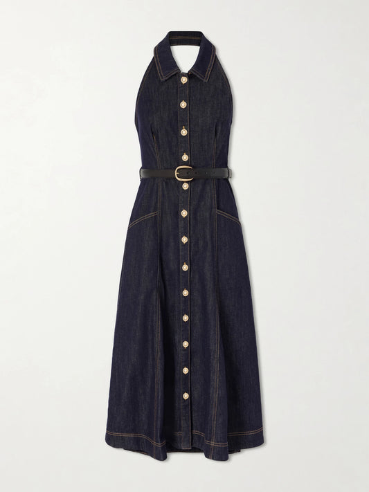 Belted Halterneck Denim Midi Dress