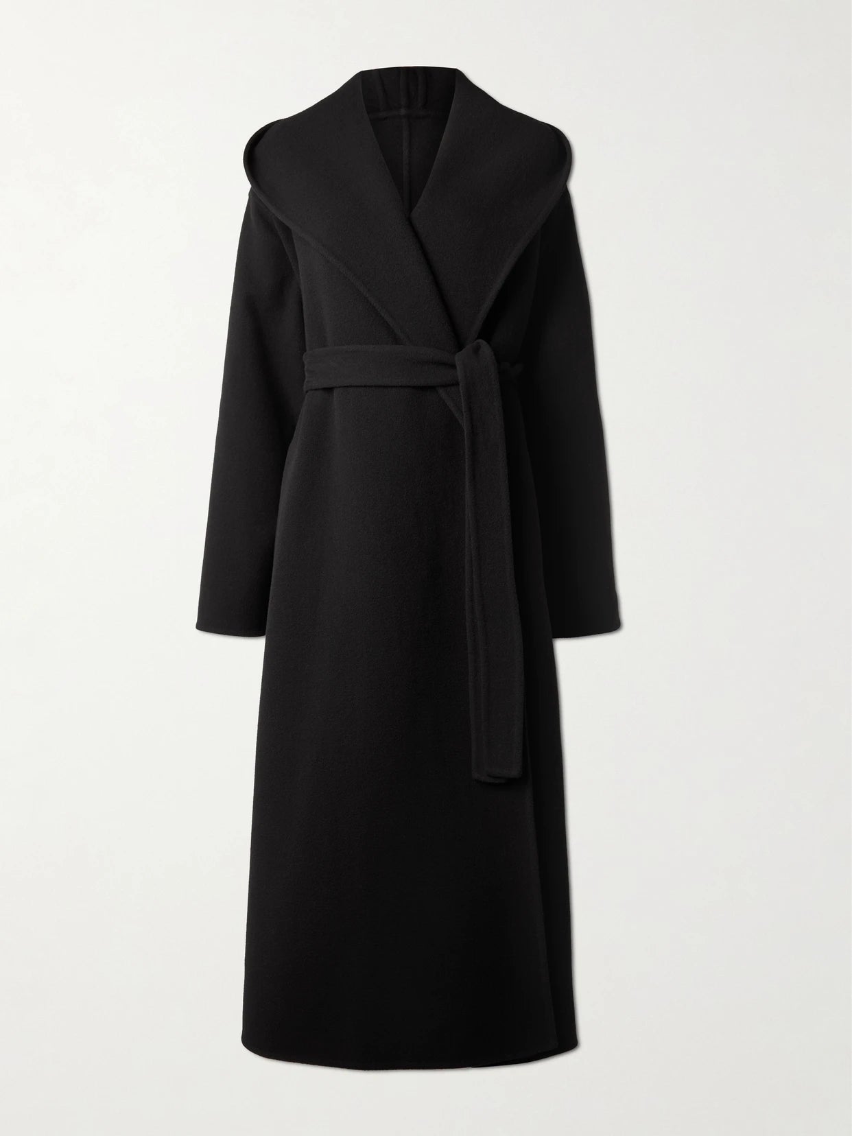 Image of Coats & Jackets. Product name - Hooded Belted Wool Coat in Black colour by brand - Alaïa