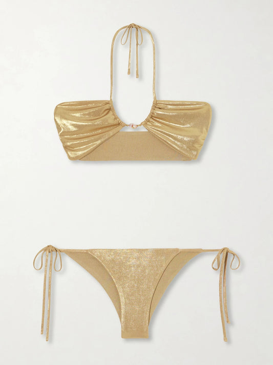 Image of Swimwear. Product name - Bahia Pearl-embellished Bikini in Gold colour by brand - Sara Cristina