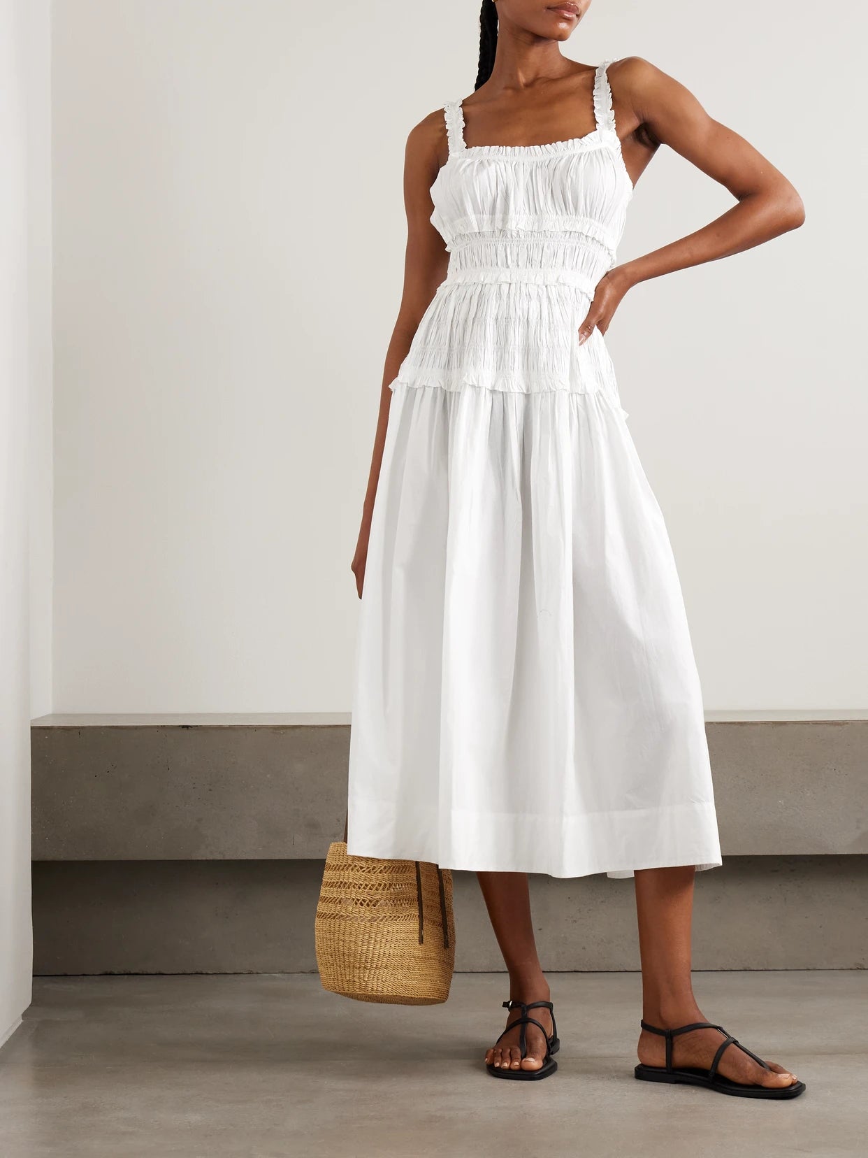 Image of Dresses. Product name - Marianne Shirred Organic Cotton-poplin Midi Dress in White colour by brand - DÔEN