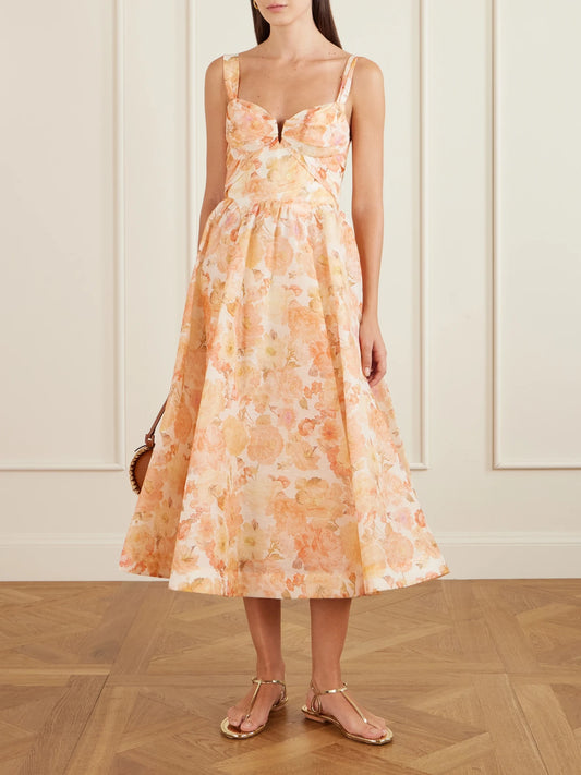 Rebellion Floral-print Linen And Silk-blend Bustier Midi Dress