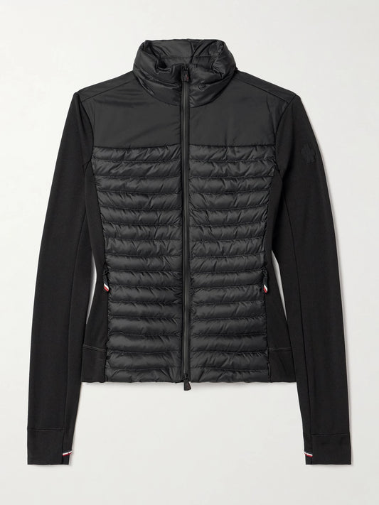 Image of a model wearing Tops. Product name - Power Grid Paneled Polartec Jersey And Quilted Shell Down Base Layer in Black colour by brand - Moncler Grenoble