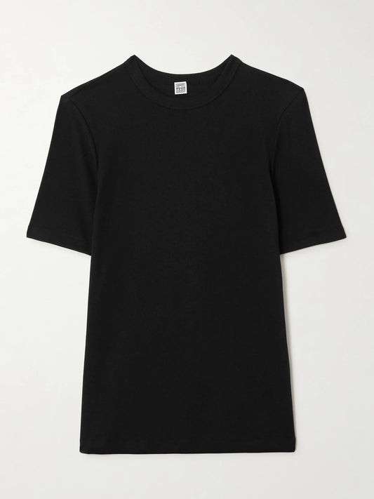 Image of a model wearing Tops. Product name - Ribbed Stretch-cotton Jersey T-shirt in Black colour by brand - TOTEME