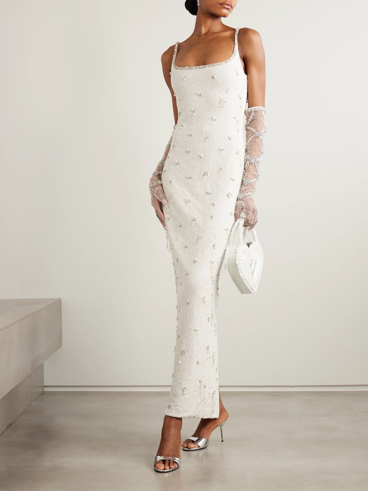 Image of Dresses. Product name - Droplet Embellished Beaded Stretch-tulle Gown in Ivory colour by brand - Clio Peppiatt