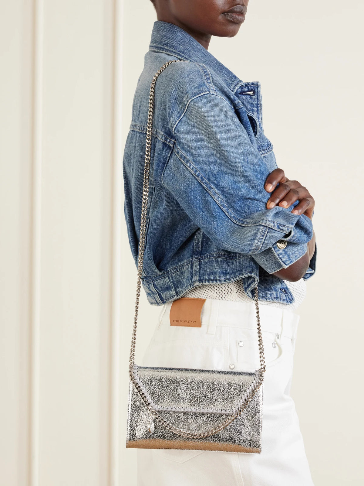 Image of Bags. Product name - The Falabella Crinkled Metallic Chain Wallet in Silver colour by brand - Stella McCartney