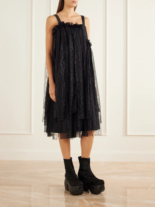 Image of Dresses. Product name - Ruffled Lace And Chiffon-trimmed Drill Midi Dress in Black colour by brand - Comme des Garçons