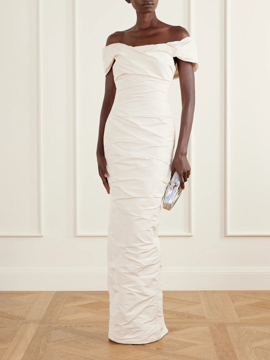 Image of Dresses. Product name - Off-the-shoulder Draped Duchess-satin Gown in White colour by brand - Marmar Halim