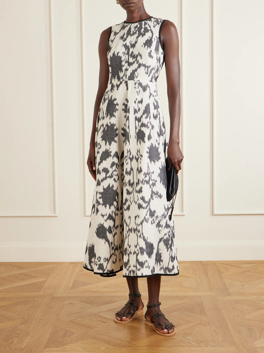 Image of Dresses. Product name - Clodette Printed Linen And Cotton-blend Poplin Maxi Dress in Black colour by brand - Emporio Sirenuse